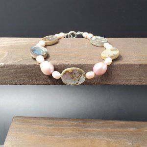 7 Inch Sterling Silver Light Color Pearls And Abalone Shell Bracelet
